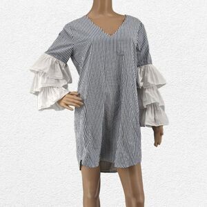 Wayf Pinstriped Dress Ruffle Puff Sleeve V Neck Office Size Medium